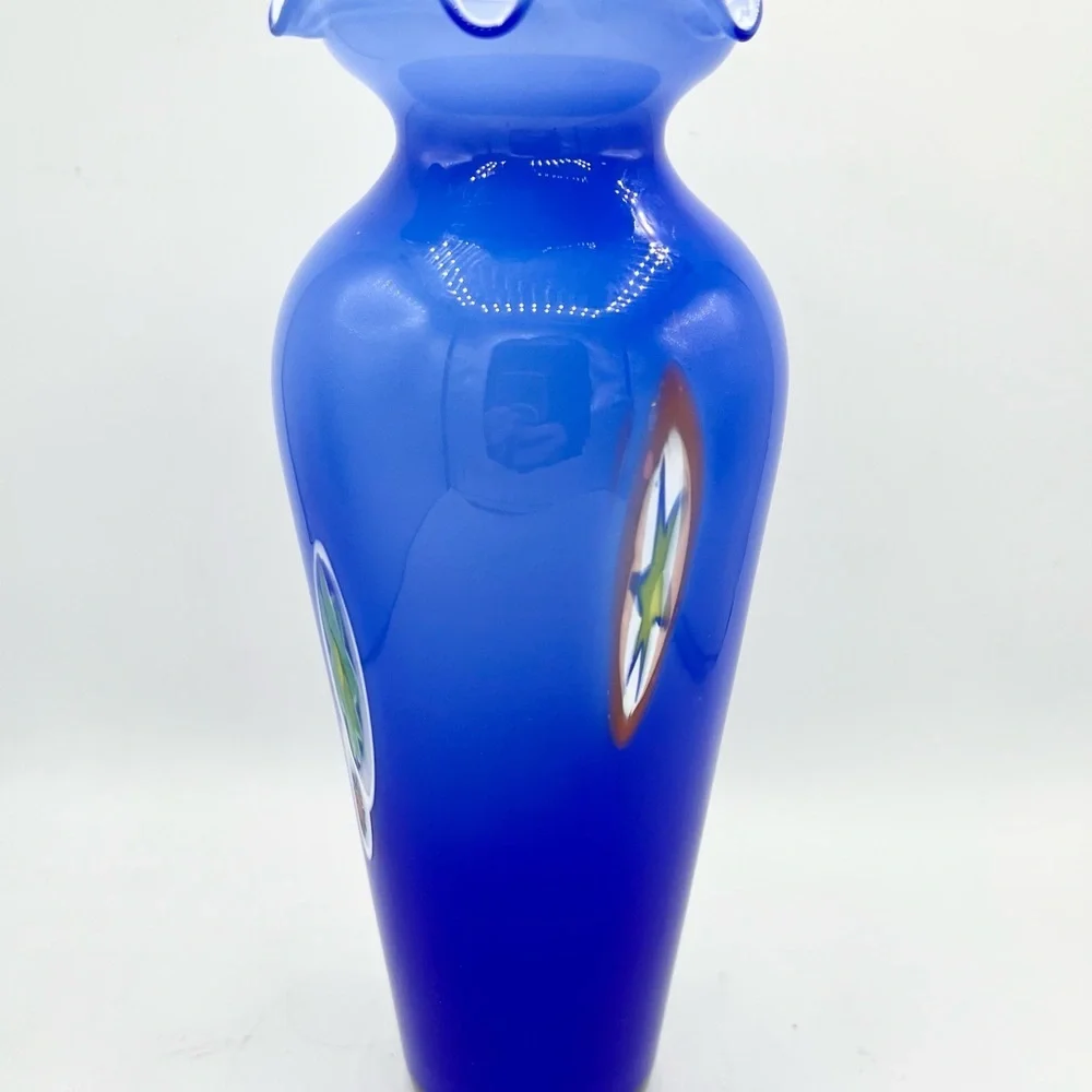 Lavorazione Art Murano? Blue Blown Glass Ruffled Millefiori Vase Italy EUC 8.25”